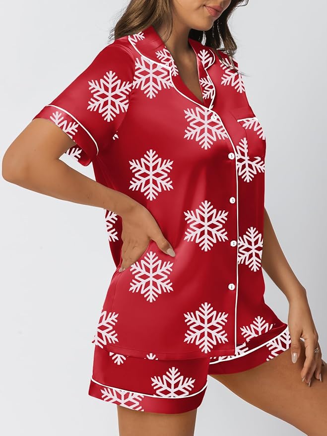 LILLUSORY Silk Satin Pajama Set for Women 2 Piece Lounge Pjs Winter Matching Summer Sleepwear Button Down Shirt Shorts