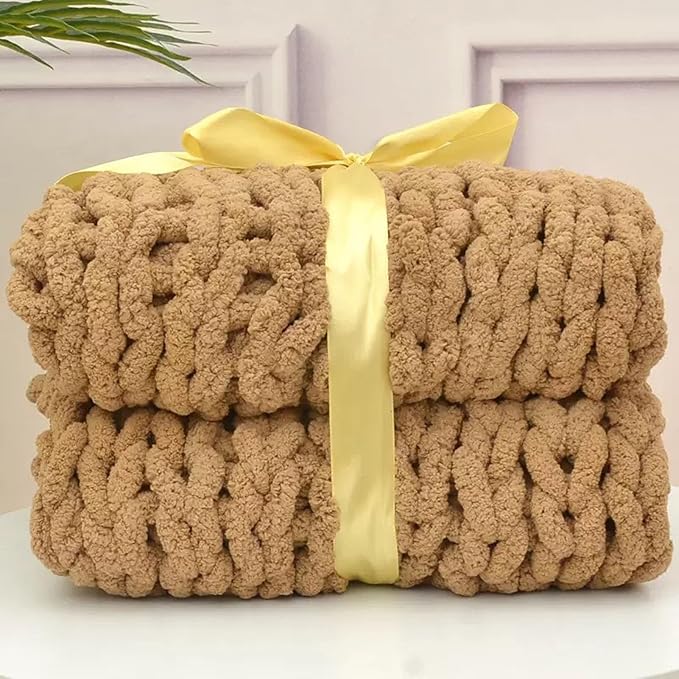 Wttfc Chunky Knit Throw Blanket, Handmade Soft Chenille Yarn Throw Blanket, Thick Cable Knitted Blankets, Large Rope Knot Crochet Blankets for Couch Sofa Bed Home Decor,Earthy Yellow,150x200cm