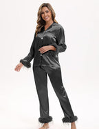 MORFORU Satin Pajama Set for Women Feather Trim Long Sleeve Pjs with Sleep Mask Headband Scrunchie Sleepwear Lounge Set