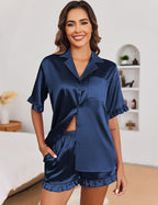 Ekouaer Satin Pajama Set for Women Button Down Silk 2 Piece Pj Sets Ruffle Short Sleeve Sleepwear
