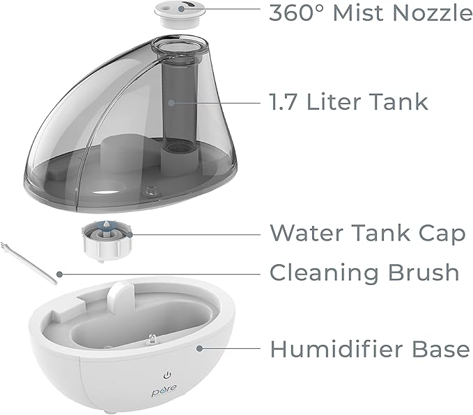 Pure Enrichment MistAire Silver Ultrasonic Cool Mist Humidifier for Bedroom, Office, Nursery & Indoor Plants - Lasts Up to 25 Hours, Whisper-Quiet Operation, Optional Night Light, & Auto Shut-Off
