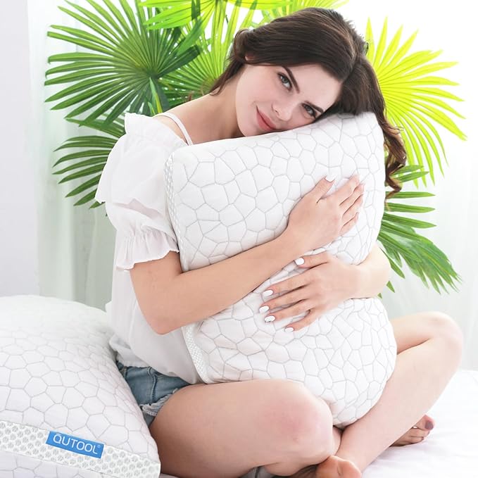 Shredded Memory Foam Pillows 2 Pack, Rayon Derived from Bamboo Pillow Queen Size Set of 2, Cooling Gel Pillows for Sleeping, Adjustable Pillow for Side Stomach and Back Sleepers with Washable Cover