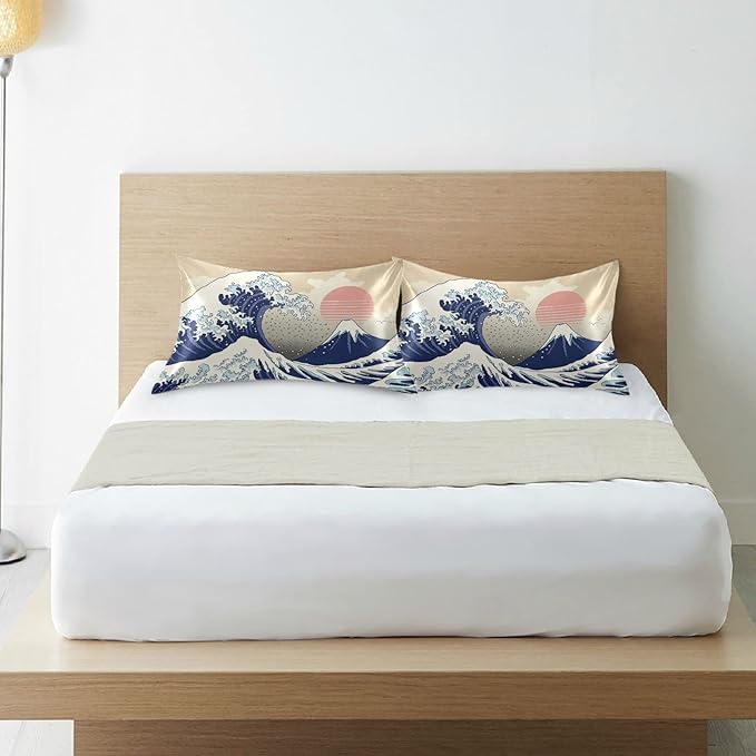 Satin Pillowcase for Hair and Skin, Japanese Wave Ocean Silk Pillowcase Soft and Cozy Body Pillow Covers, King Size Satin Pillow Cases with Envelope Closure(20x40 Inch), 1PC