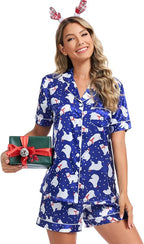 SWOMOG Womens Silk Satin Pajamas Set Short Sleeve Sleepwear Button Down Top and Shorts Loungewear 2 Piece Pjs Set XS-3XL