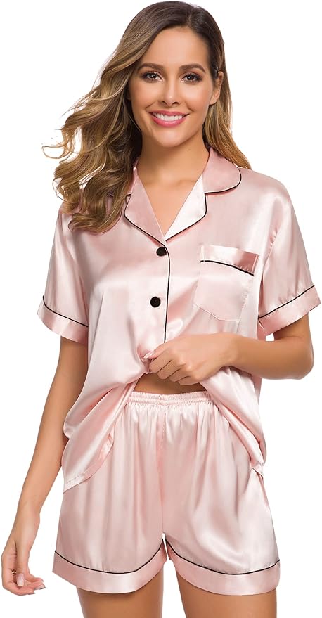 SWOMOG Womens Silk Satin Pajamas Set Short Sleeve Sleepwear Button Down Top and Shorts Loungewear 2 Piece Pjs Set XS-3XL