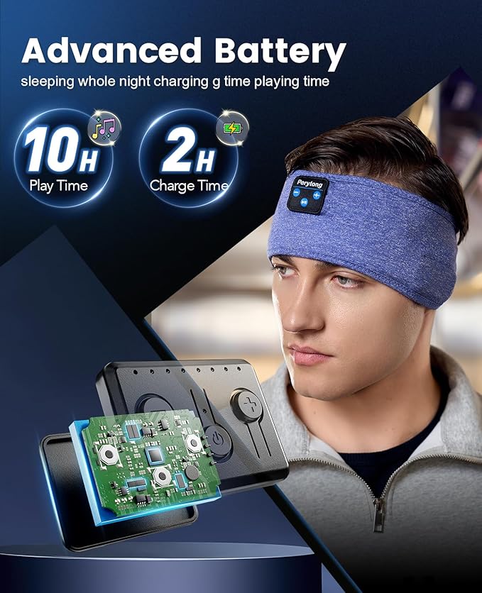 Perytong Sleep Headband Headphones, Sleeping Bluetooth 5.4 Headphones for Side Sleepers, Over-Ear Earphones with Ultra-Thin Stereo Speakers, Soft Sleep Mask Sports Headband for Men Women, Gadgets