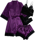 WDIRARA Women' Silk Satin Pajamas Set 4pcs Lingerie Floral Lace Cami Sleepwear with Robe