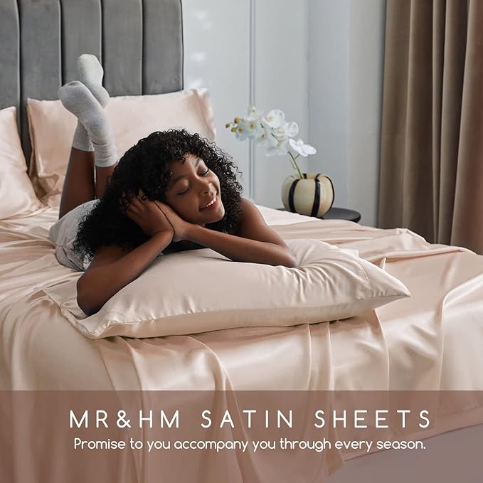 MR&HM Satin Bed Sheets, California King Size Sheets Set, 4 Pcs Silky Bedding Set with 15 Inches Deep Pocket for Mattress (California King, Champagne)
