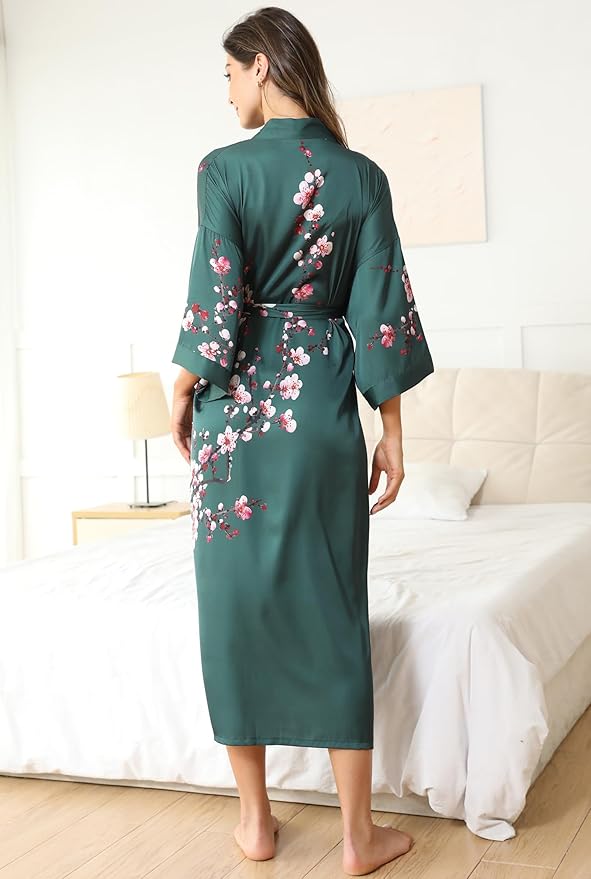Kihnop Women's Floral Long Kimono Robe Long Satin Robe Long Silk Robe Ladies Kimonos Silky Bathrobe Cover Up, One Size