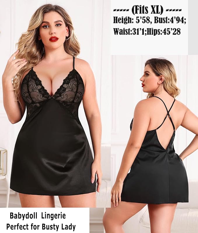 Avidlove Women Lingerie V Neck Sexy Nightwear Satin Sleepwear Lace Chemise Mini Babydoll Nightgown