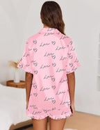 Ekouaer Satin Pajama Set for Women Button Down Silk 2 Piece Pj Sets Ruffle Short Sleeve Sleepwear