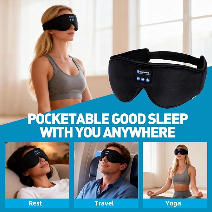 3D Sleep Mask with Bluetooth Headphones, Bluetooth Wireless Music Eye Mask, Sleeping Headphones for Side Sleepers, Sleep Mask with Bluetooth Headphones Ultra-Thin Stereo Speakers for Men&Women