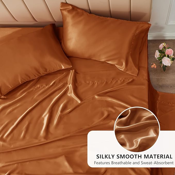 CozyLux Satin Sheets Queen Size Bed Set - 4 Piece Silky Queen Sheet Set, Luxury Terracotta Queen Sheets with Smooth and Soft Microfiber, Includes 1 Fitted Sheet, 1 Flat Sheet and 2 Pillowcases