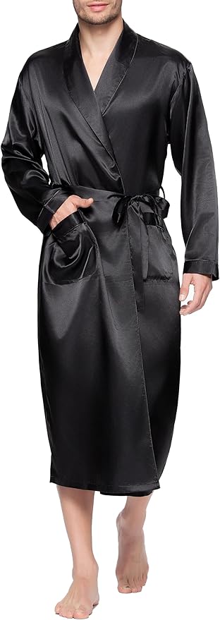 Lavenderi Mens Silky Satin Lounge Robe, Long Lightweight Sleepwear