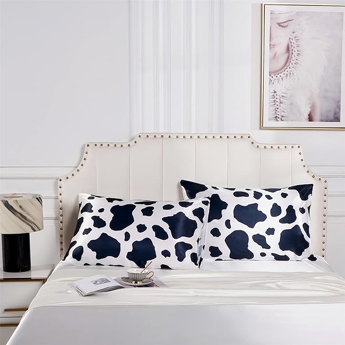 Satin Pillowcase for Hair and Skin, Cow Print Pillow Cases 2 Pack King Satin Pillowcase Set of 2 Cooling Silky Cow Pillowcase with Envelope Closure (20x36 inches, Black and White)
