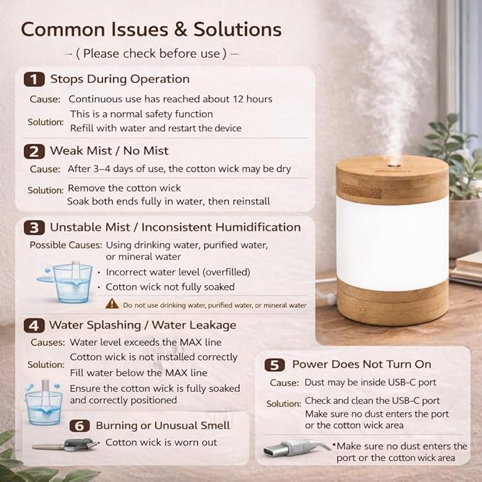 Sustainable Premium Bamboo Mini Humidifier (Improved Version) – 400ml Ultrasonic Quiet Desktop Humidifier, USB-C, Dual LED Night Light, Auto Shut-Off, Portable for Bedroom, Office & Perfect for Gift