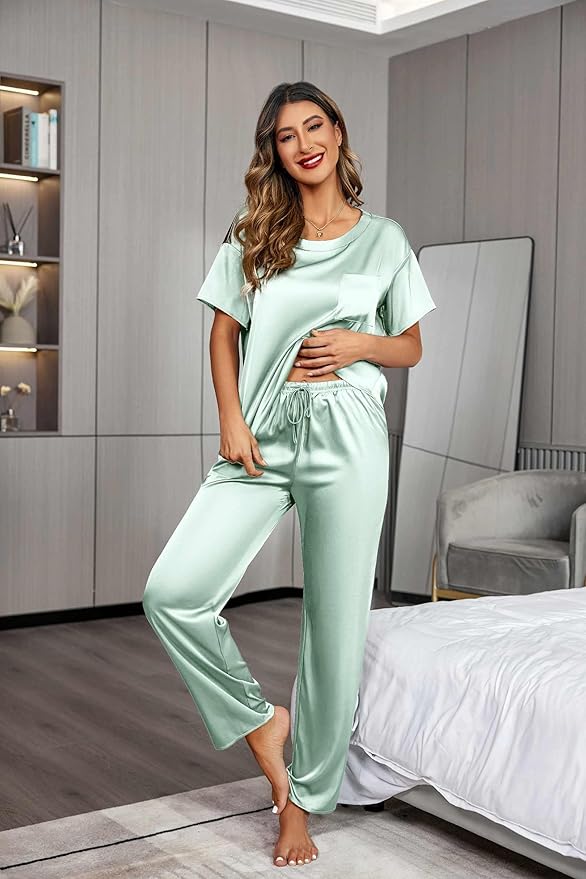 Ekouaer Womens Satin Silky Pajama Set Short Sleeve Shirt with Long Pajama Pant Set Soft PJ Loungewear