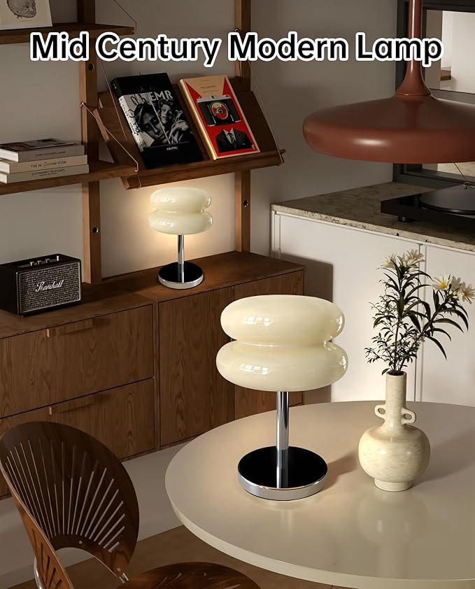 Mushroom Table Lamp for Bedroom, Cordless Mid Century Modern Lamp, Cute Egg Tart Small Night Light, 5000mAh Rechargeable Table Light for Living Room Nightstand Home Mushroom Decor Aesthetic (Cream)