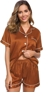SWOMOG Womens Silk Satin Pajamas Set Short Sleeve Sleepwear Button Down Top and Shorts Loungewear 2 Piece Pjs Set XS-3XL