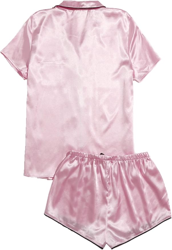 WDIRARA Women's Sleepwear Satin Short Sleeve Shirt and Shorts Pajama Set