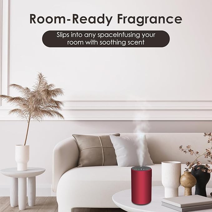 Waterless Essential Oil Diffuser, Battery Powered Mini Scent Air Machine, Aromatherapy Mist Diffuser for Home Room Car Office (Red Aluminum Alloy)