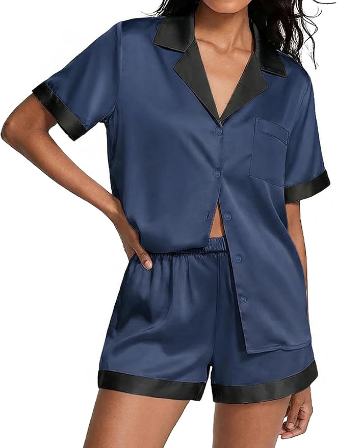 Ekouaer Womens Silk Satin Pajamas Set Short Sleeve Sleepwear Button Down Loungewear 2 Piece Pjs Shorts Set