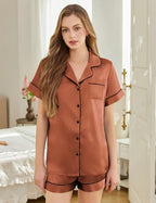 Silk Pajamas for Women Short Sleeve Sleepwear Soft Button Down Loungewear 2 Piece Satin Pjs Shorts Set S-XXL