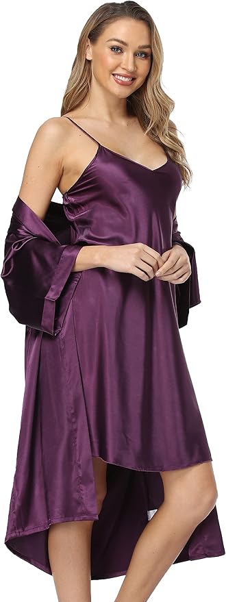 Women's Satin Robes Set with Nightgown Silk Kimono Pajamas 2 Piece Sleepwear Camisole Wedding Bride Gown Set