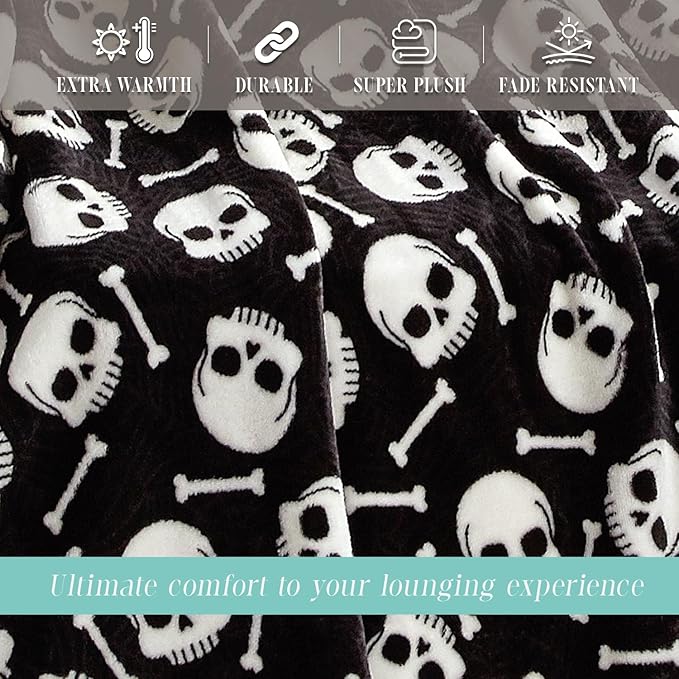 Elegant Comfort Throw Blanket, Reversible Sherpa Flannel, Ultra-Soft, Fuzzy, Cozy and Plush- All Season Lightweight Decorative Throw, 50 x 60 inches, Skulls and Bones Sherpa Throw