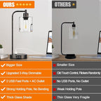 Industrial Touch Table Lamps Set of 2 - Rustic Black Bedside Lamps with 2 USB Ports & AC Outlet, 3-Way Dimmable Nightstand Desk Lamp for Bedroom Living Room Farmhouse, Glass Shade & LED Bulbs Included