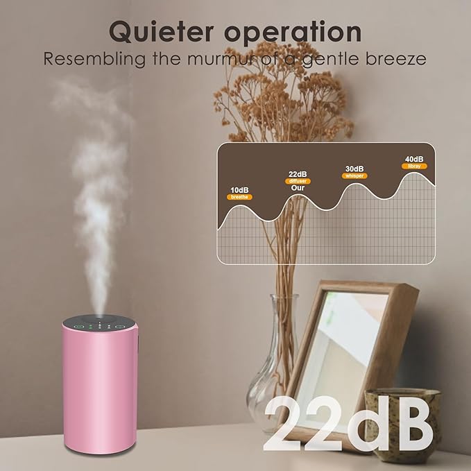Waterless Essential Oil Diffuser, Battery Powered Mini Scent Air Machine, Aromatherapy Mist Diffuser for Home Room Car Office (Pink Aluminum Alloy)