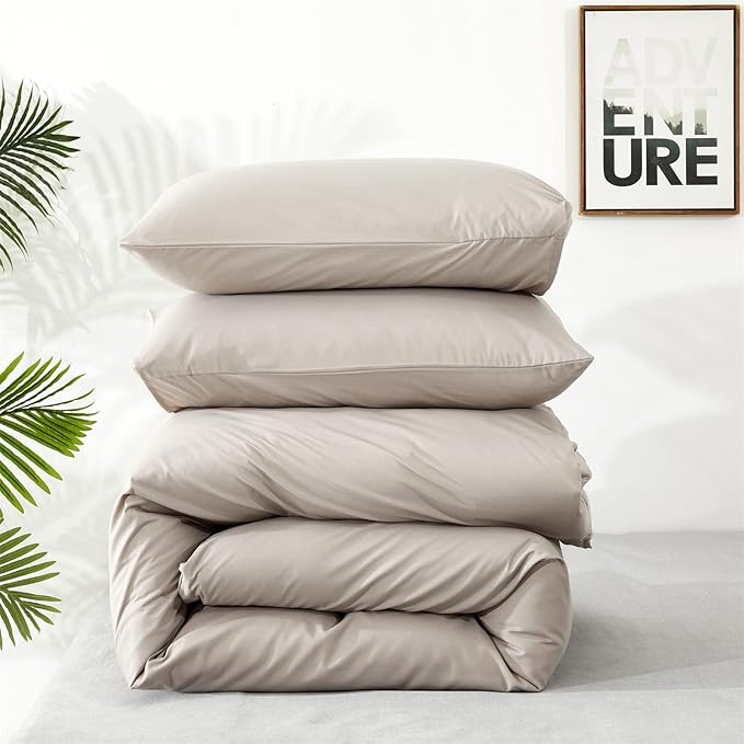 Cottonight Beige Comforter Set Queen Cream Khaki Bedding Comforter Full Oatmeal Solid Blanket Quilts Modern Soft Breathable Beige Taupe Color 3 Piece Bedding Set