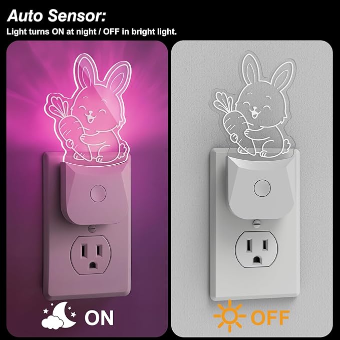 Cute Bunny Night Light (2 Pack), Plug-in, RGB LED Night Lamp with Auto Dusk-to-Dawn Sensor, 9 Colors for Kids Room, Nursery, Bathroom, Baby Shower & Birthday Gift Decor