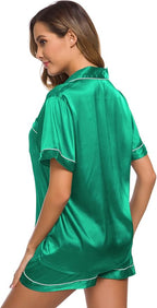 SWOMOG Womens Silk Satin Pajamas Set Short Sleeve Sleepwear Button Down Top and Shorts Loungewear 2 Piece Pjs Set XS-3XL