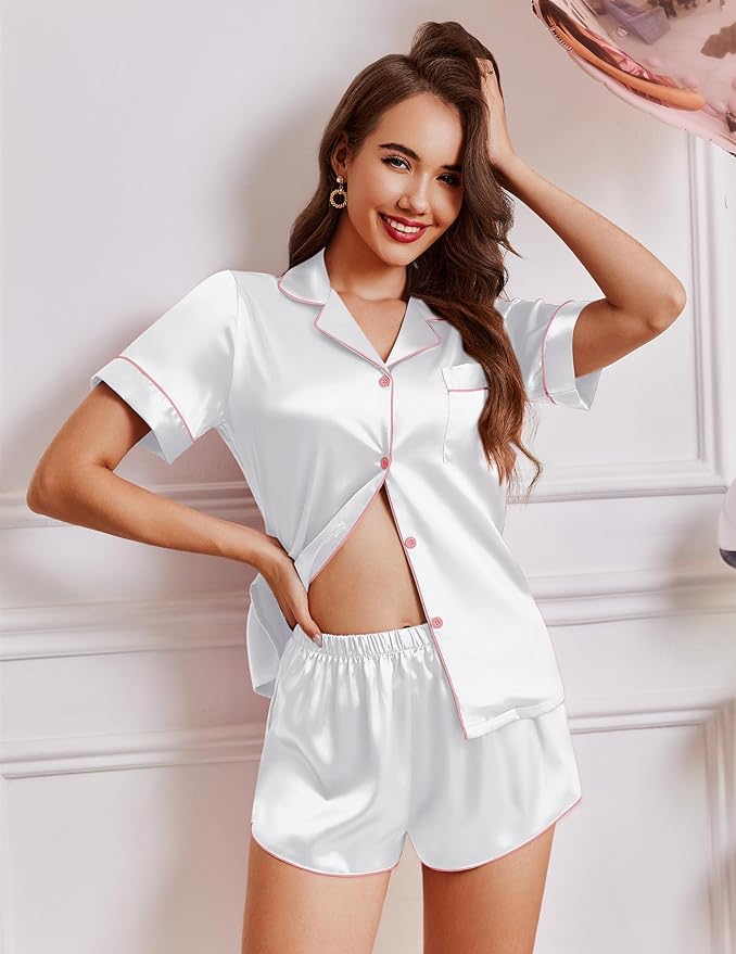 Ekouaer Womens Silk Satin Pajamas Short Sleeve PJS Shorts Set Soft Button Down Sleepwear 2 Piece Loungewear S-5XL
