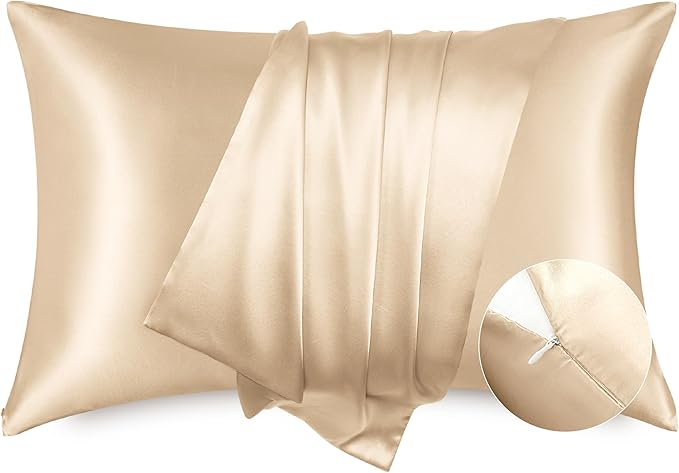 Bedsure Satin Pillowcase with Zipper, Similar to Silk Pillow Cases 2 Pack, Silky & Soft Satin Pillow Cases Standard Size for Hair and Skin, Champagne Pillow Covers, Gifts for Women Men, 20x26 Inches