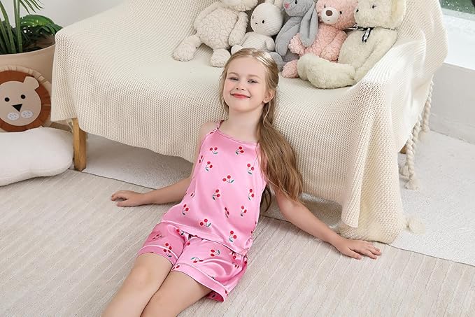 Weixinbuy Girls Pajamas Silk PJS Set Sleeveless Pajama Tank Elastic Waist Shorts Sleepwear Kids Summer Nightwear Clothes Set