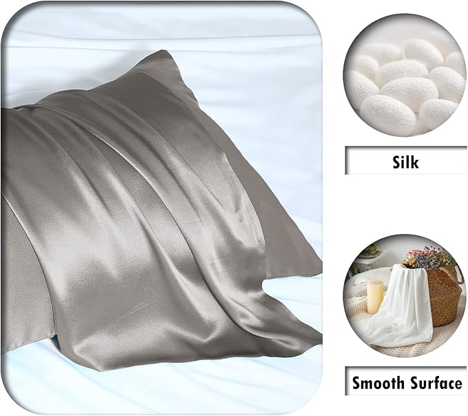 Mulberry Silk Pillowcase for Hair and Skin Standard Size 20"X 26" Pillow Case with Hidden Zipper Soft Breathable Smooth Cooling Silk Pillow Covers for Sleeping (Gray,Standard,1Pcs)