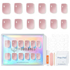 Modelones Soft Pink Press on Nails, Spring Short Square Fake Nails, Semi-Transparent Reusable Nail Kit with Nail Glue Adhesive Tabs Mini Nail File, Nails Press Ons 32Pcs16 Sizes, Women Girl Gift