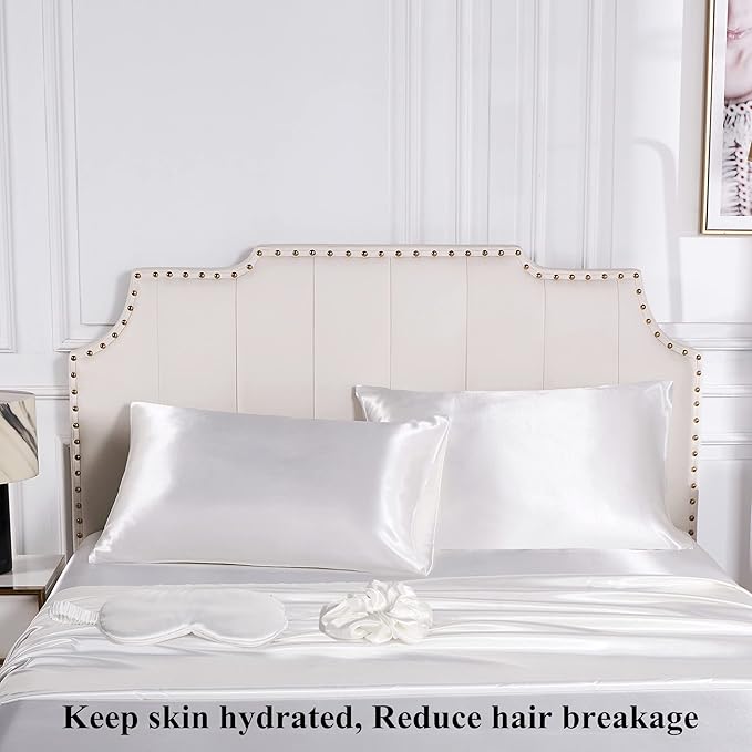 Satin Pillowcase for Hair and Skin, Vegan Silk Pillowcase Set-2 Ivory Satin Pillowcases Queen Size, 1 Eye Mask, 1 Scrunchie-Luxury Sleep Set, White Pillow Cases with Envelope Closure