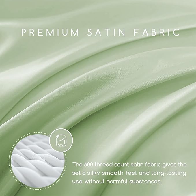 MR&HM Satin Bed Sheets with Elastic Corner Straps, King Size Sheets Set, 4 Pcs Silky Bedding Set with 15 Inches Deep Pocket for Mattress (King, Light Sage)