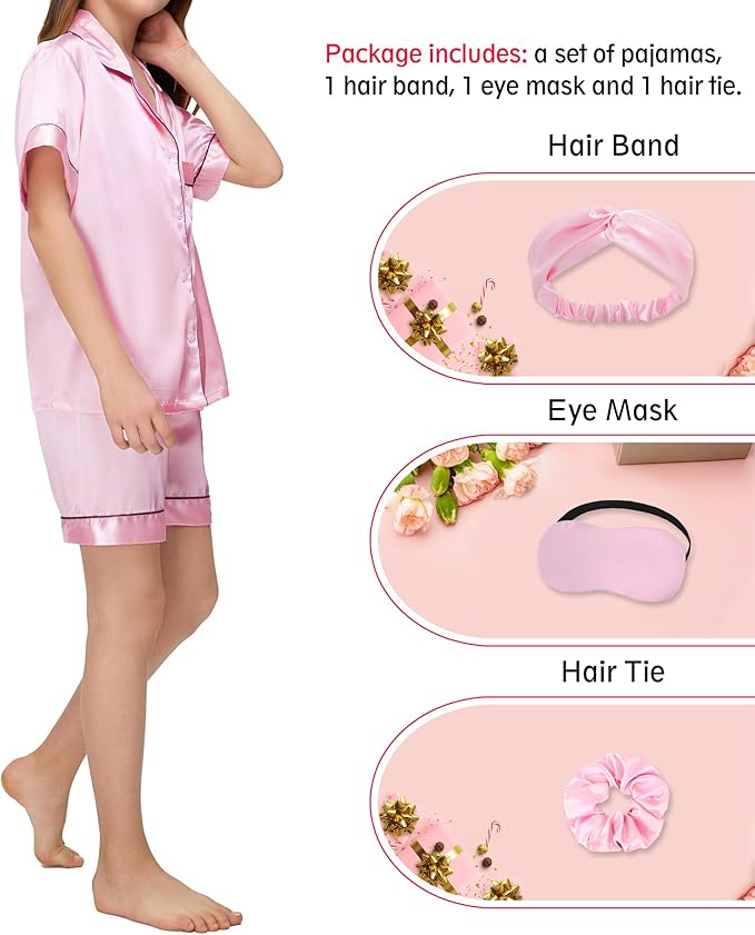 EPLAZA Kids Satin Pajamas Sets Girls Boys Button-Down Silky Pajamas Sleepwear with Hairband Eye Mask Hair Tie