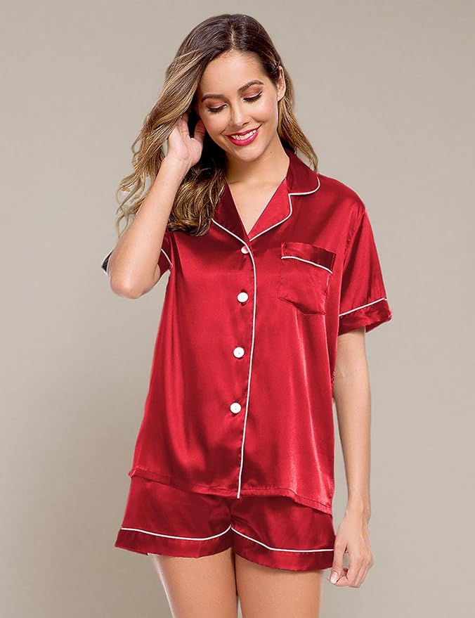 LecGee Womens Silk Satin Pajamas Short Sleeve Loungewear Two-Piece Sleepwear Button-Down Pj Set