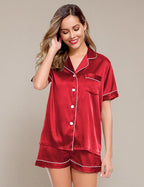 LecGee Womens Silk Satin Pajamas Short Sleeve Loungewear Two-Piece Sleepwear Button-Down Pj Set
