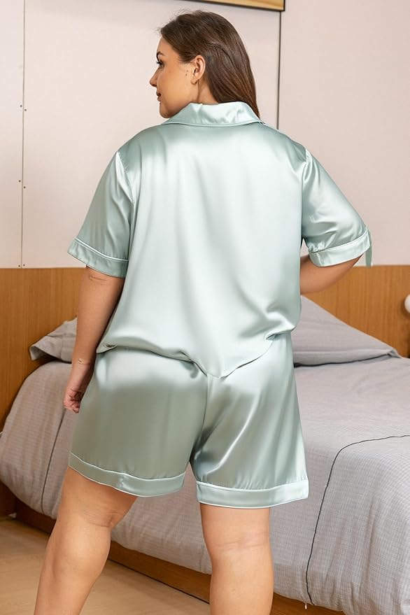 Vozanet Women's Short Sleeve Satin Pajama Sets Silky Ladies Button Down Loungewear Plus Size Nighty Shorts Sets XL to 5XL