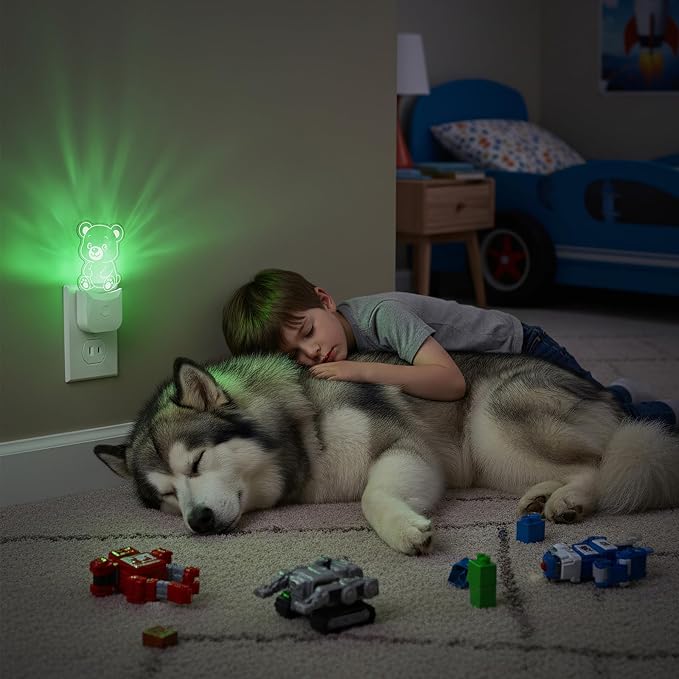 Cute Bear Night Light (2 Pack), Plug-in, RGB LED Night Lamp with Auto Dusk-to-Dawn Sensor, 9 Colors for Kids Room, Nursery, Bathroom, Baby Shower & Birthday Gift Decor
