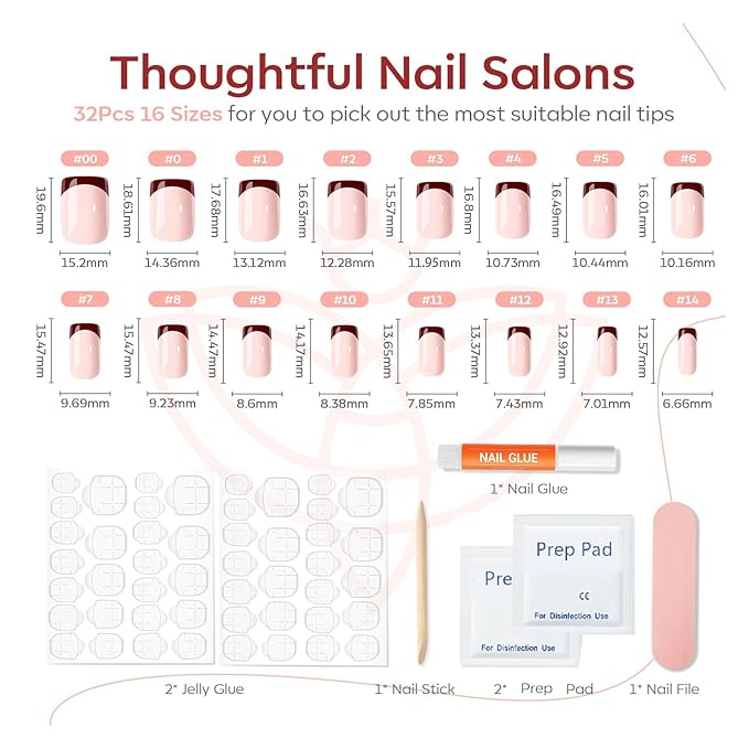 Modelones Press on Nails, Red Chrome French Short Square Fake Nails, Reusable Nail Kit with Nail Glue Adhesive Tabs Mini Nail File, Nails Press Ons 32Pcs16 Sizes