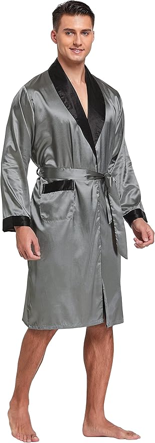 Tony & Candice Men's Satin Robe Lightweight Long Sleeve Silk Kimono Bathrobe with Shorts Set Sleepwear