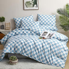 CLOTHKNOW Blue White Plaid Queen Comforter Set Grid Bedding Comforter Sets Soft Light Blue Comforter Checker Queen Size Comforter Sets
