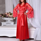 Mzkdieey Women's Floral Lace Robe Silk Kimono Bathrobe Long Bridesmaids Wedding Party Loungewear Sleepwear Dressing Gown